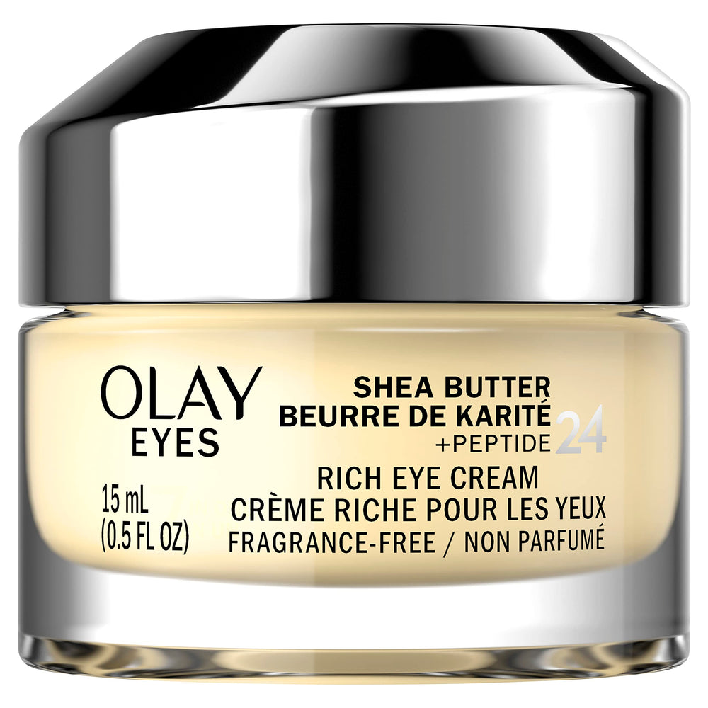 Olay Eyes Shea Butter Peptide 24 rich eye cream application demonstrates deep under-eye hydration.