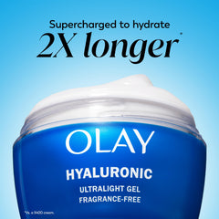 Olay Hyaluronic Acid Gel texture close-up reveals fast-absorbing, fragrance-free hydration