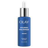 Olay Hyaluronic Hydrating Serum bottle close-up showing fragrance-free hydration