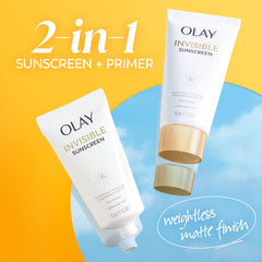 Olay Invisible Sunscreen label close-up highlights fragrance-free formula and broad spectrum protection.