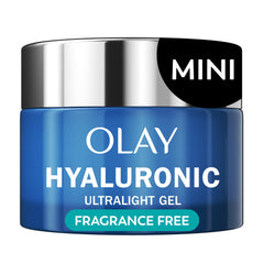 Olay Regenerist Hyaluronic Peptide 24 gel in travel-size jar for on-the-go hydration.