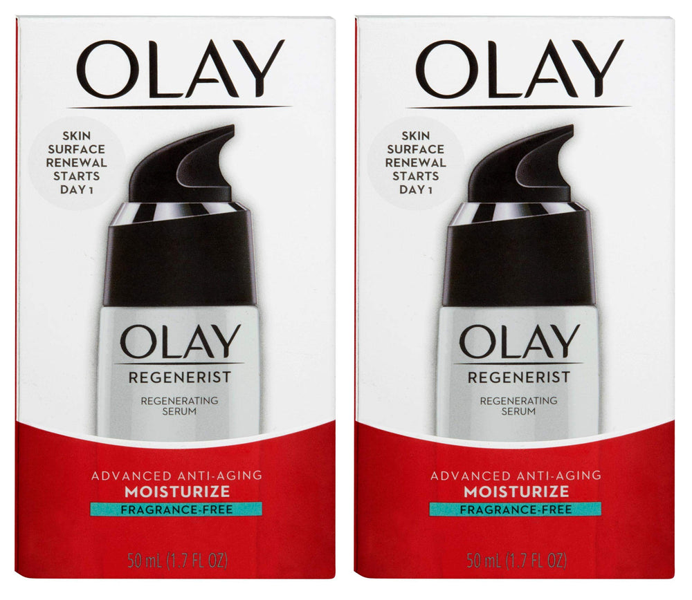 Olay Regenerist fragrance-free serum bottle shown for fast-absorbing hydration and firmer skin.