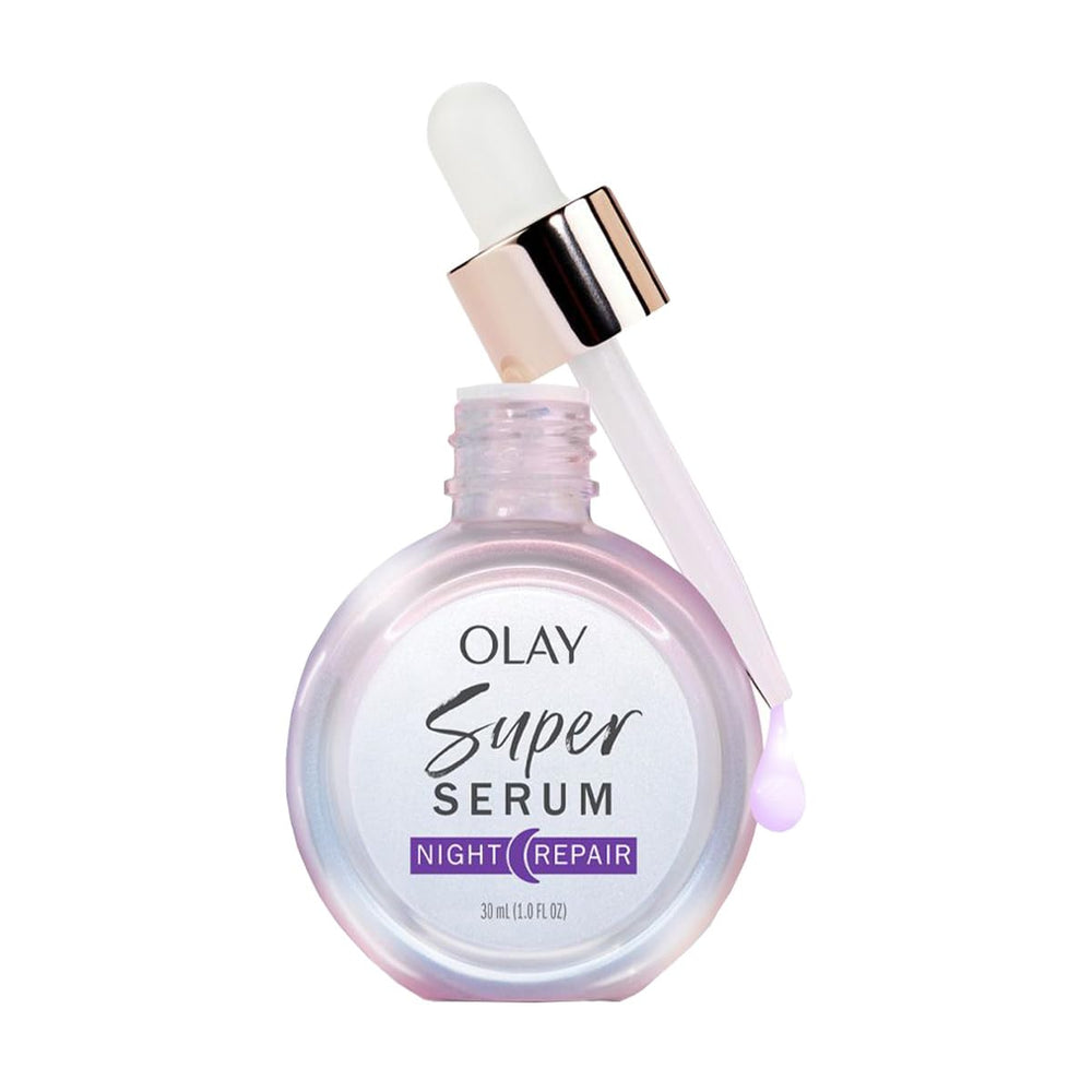 Olay Super Serum Night Repair fragrance-free jar on dresser for overnight hydration.
