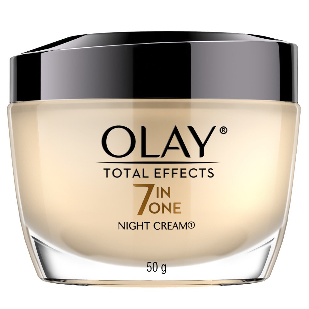 Olay Total Effects night cream bottle showing seven benefits for healthier-looking skin