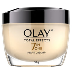Olay Total Effects night cream bottle showing seven benefits for healthier-looking skin