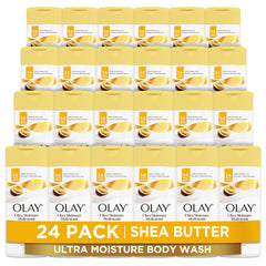 Olay Ultra Moisture bottle display shows the 24-pack design for hydrated skin.