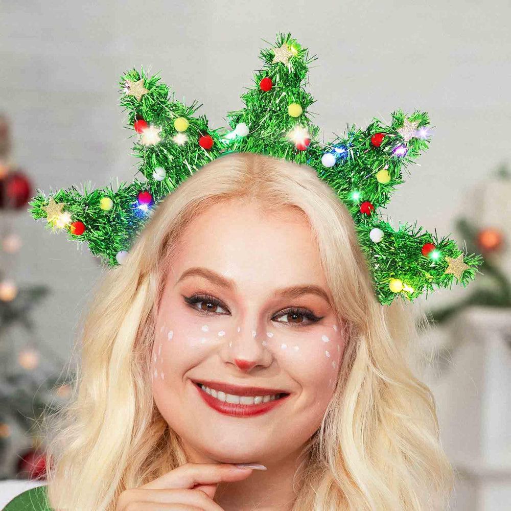 Olbye LED Christmas Tree Headband closeup shows soft fabric and colorful lights for festive photos.