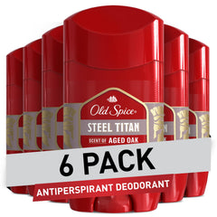 Old Spice antiperspirant pack6 titan steel front shows all-day protection against sweat and odor.