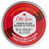 Old Spice Barber's Blend Putty tub closeup shows high hold and matte finish.