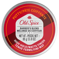 Old Spice Barber's Blend Putty tub closeup shows high hold and matte finish.