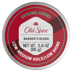 Old Spice Barbers Blend styling cream puck on counter delivers easy grooming and natural hold.