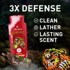 Old Spice Bearglove body wash foam delivering creamy suds for easy cleansing.