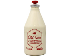 Old Spice Classic glass bottle on counter with masculine packaging
