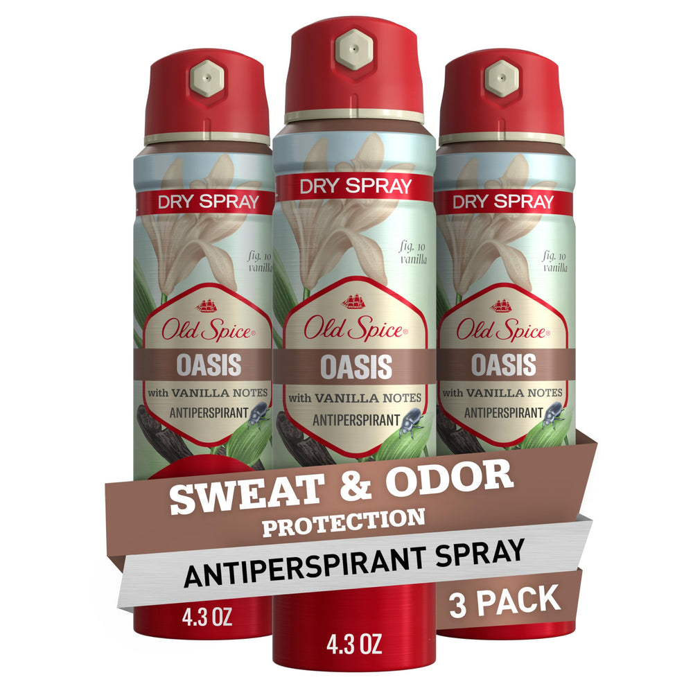 Old Spice dry spray antiperspirant bottle shows 24/7 freshness for daily wear.
