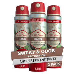 Old Spice dry spray antiperspirant bottle shows 24/7 freshness for daily wear.