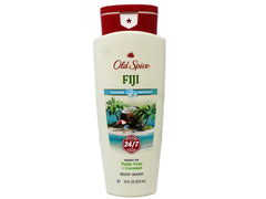 Old Spice Fiji body wash bottle front shows tropical scent notes and oceanic freshness.