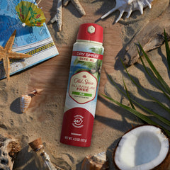 Old Spice Fiji dry spray features tropical palm-tree scent for refreshing mood.
