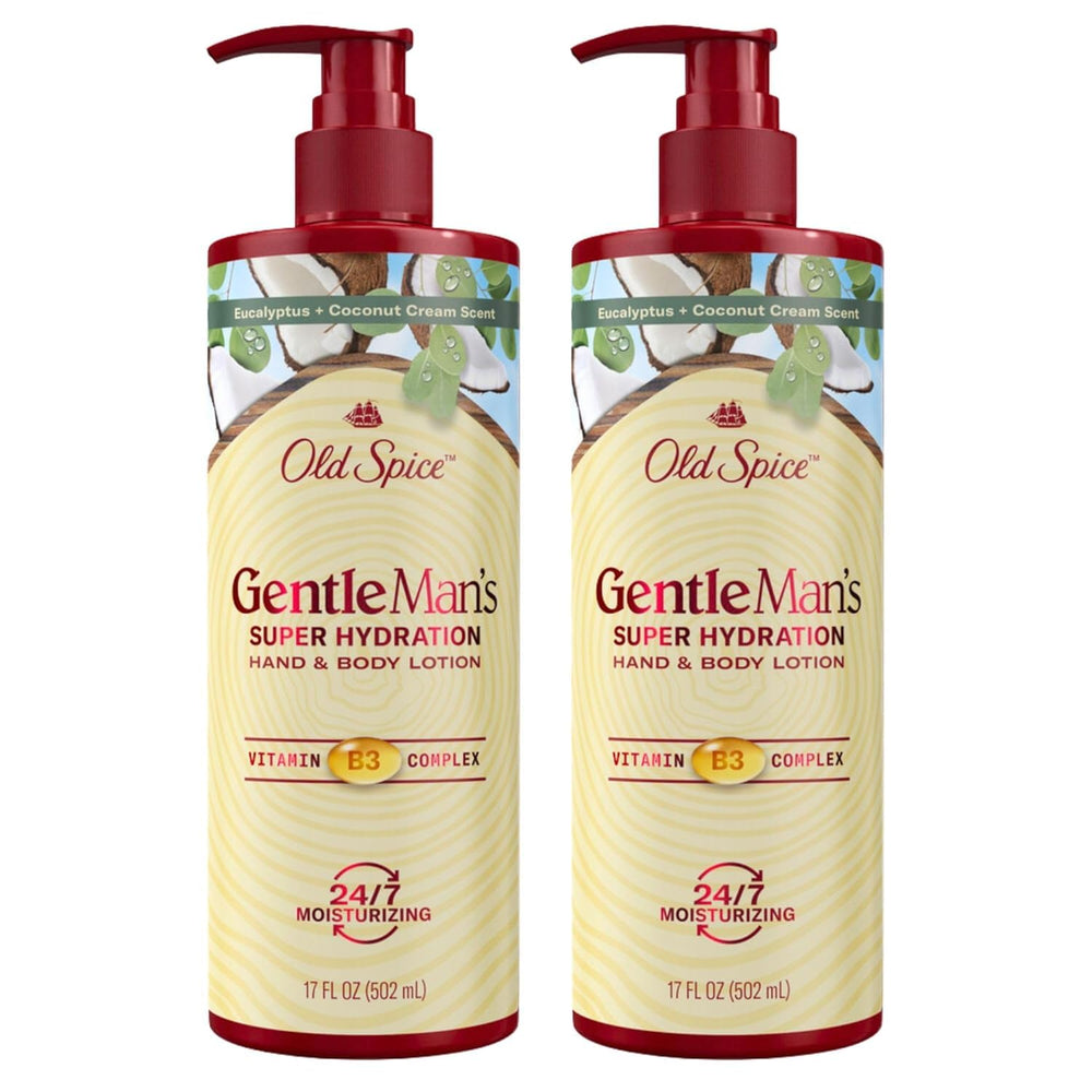 Old Spice Gentleman's Hand & Body Lotion bottle close-up highlighting 24/7 hydration.