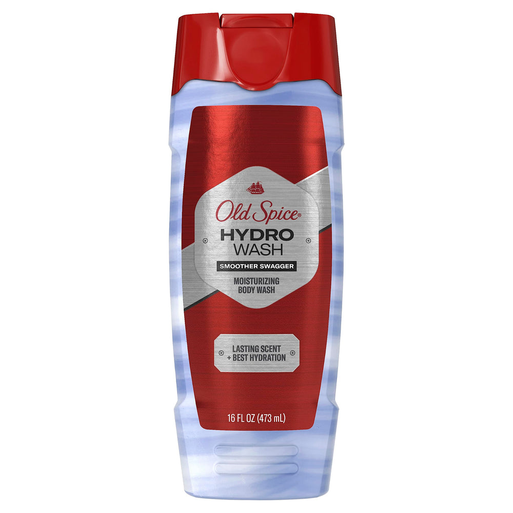 Old Spice Hydro Wash bottle close-up showing long-lasting scent and hydration benefits