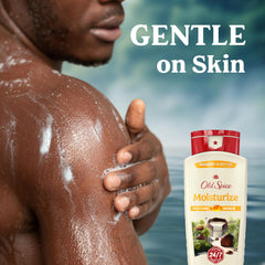 Old Spice Shea Butter hydration on bottle close-up for smoother skin.