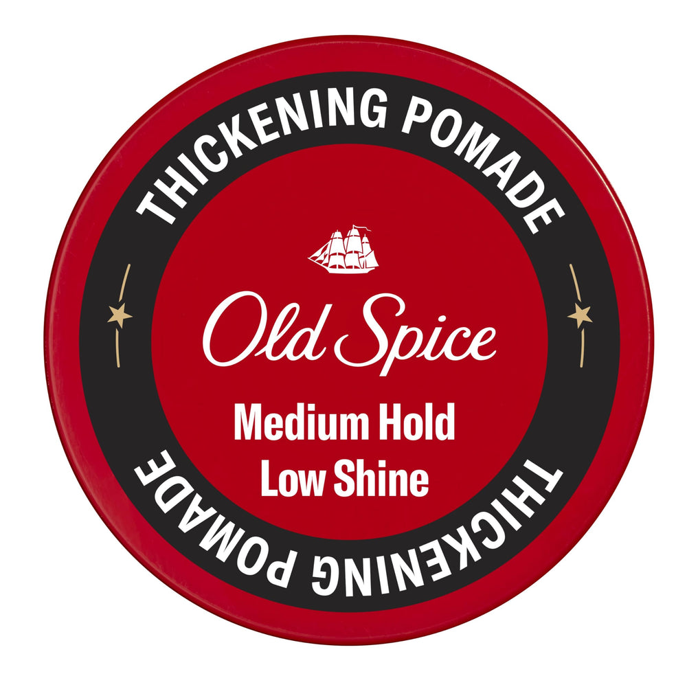 Old Spice Thickening Pomade bottle pump offers quick biotin boost for thicker-looking hair.