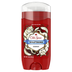 Old Spice Wolfthorn deodorant stick close-up showing rugged design.