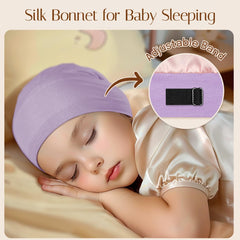 OLESILK Silk Baby Bonnet demonstrates 6-12 month size with inner snap for growth.