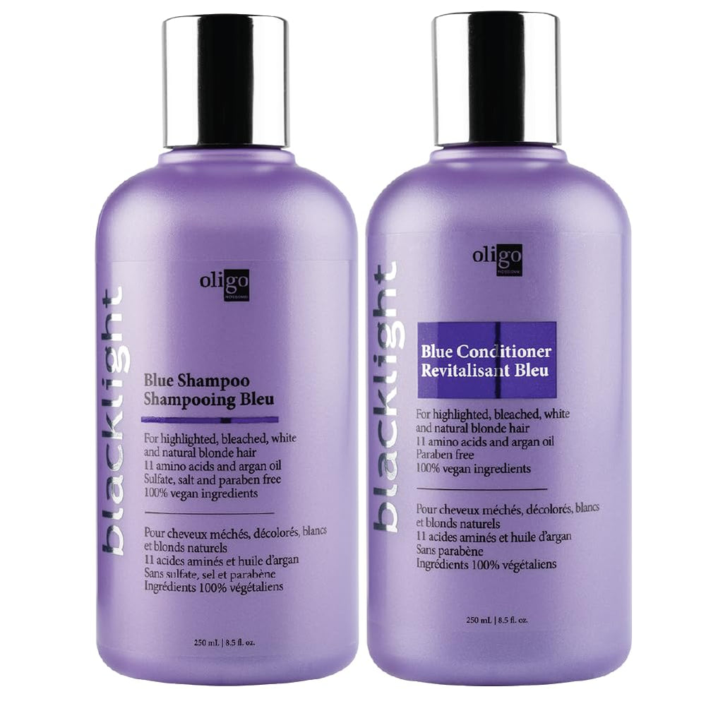 Oligo Professionnel Blacklight Blue Shampoo bottle pouring to neutralize brassiness.