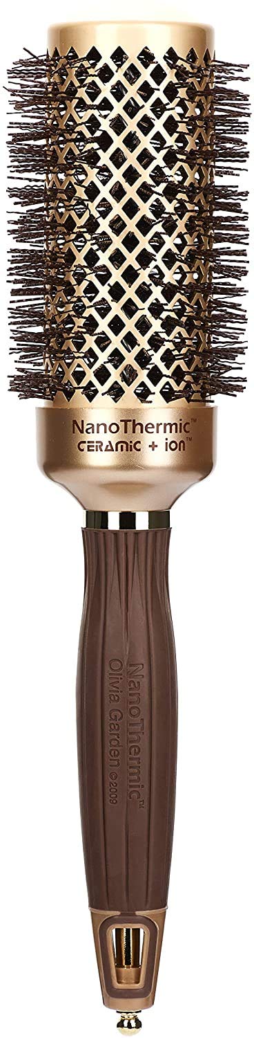 Olivia Garden NanoThermic NT-44 closeup highlighting ceramic-ion round brush for smooth, frizz-free finishes.