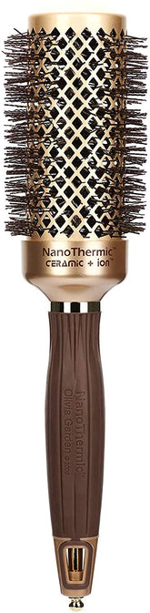 Olivia Garden NanoThermic NT-44 closeup highlighting ceramic-ion round brush for smooth, frizz-free finishes.