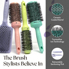 Olivia Garden ceramic ion round brush retractable pick feature turquoise for easy sectioning.