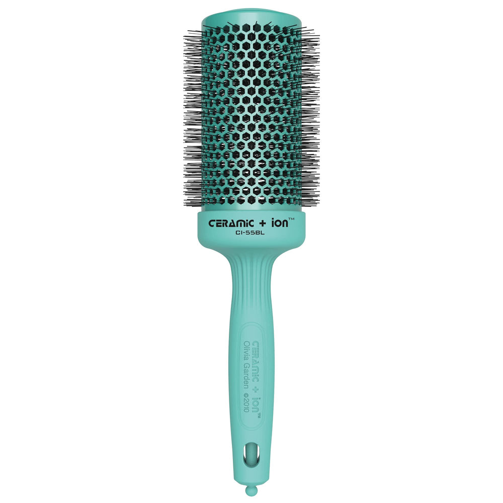 Olivia Garden ceramic ion round brush top view turquoise aids quick drying and salon-style finish.
