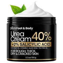 OLL M Urea Cream 40% bottle pour demonstrating rich hydration for dry feet