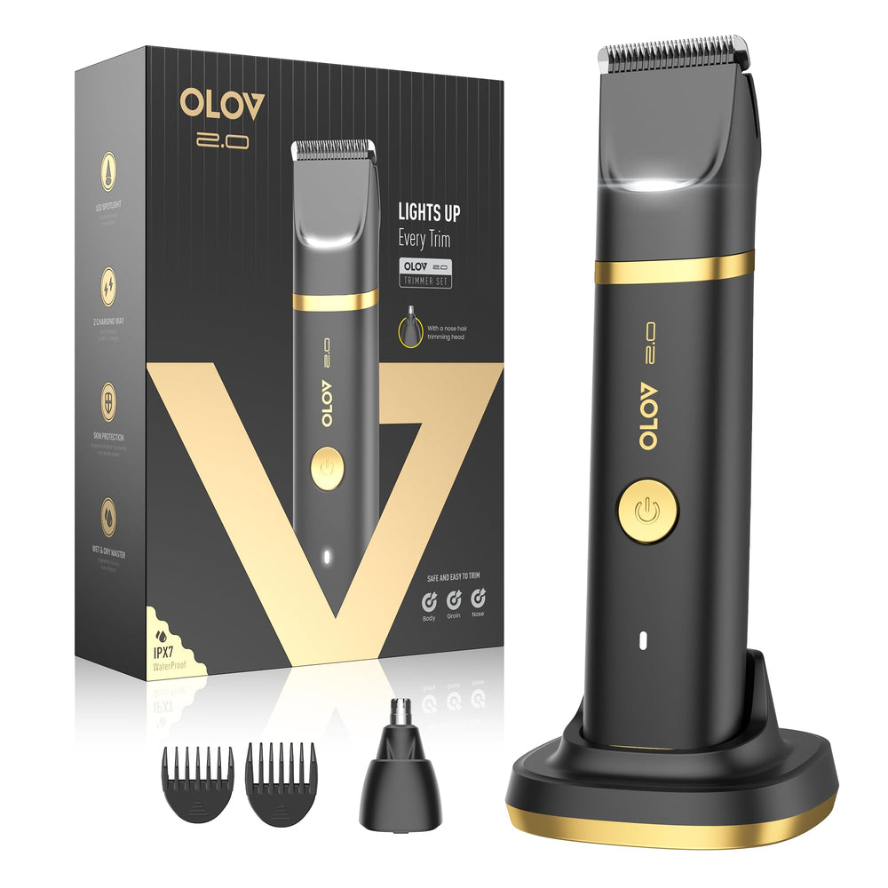 Olov 2.0 groin-trimmer LED light enables precise grooming in tight areas.