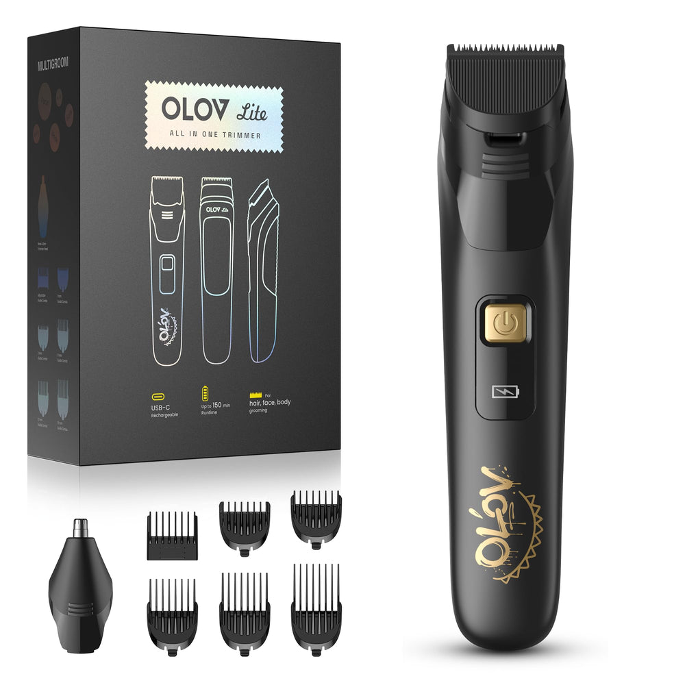 OLOV LITE beard trimmer with six guide combs for precise shaping.