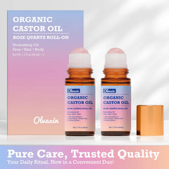 Olvaxin castor oil roll-on bottle closeup showing oil texture for skin