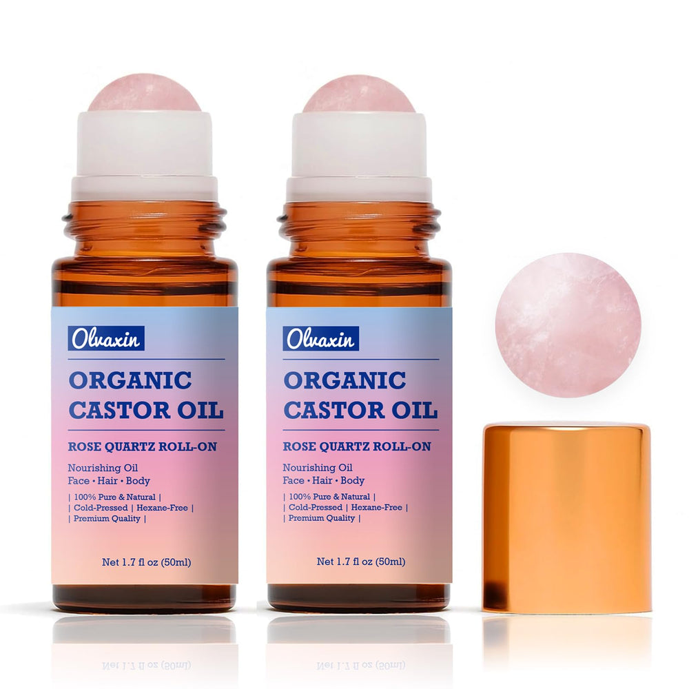 Olvaxin castor oil roll-on bottle front for daily skin hydration