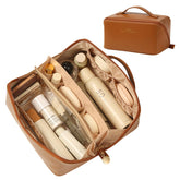 Omeily travel makeup bag opened showing spacious interior for full-size cosmetics