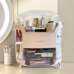 Omeily Upgrade Large Makeup Organizer lid close-up shows dustproof protection for cosmetics.
