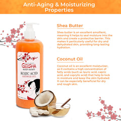 OMIC Geisha kojic acid ingredients closeup highlights brightening formula aimed at evening skin tone.