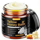 Omnifacile beef tallow honey balm jar closeup shows rich hydration for dry skin.