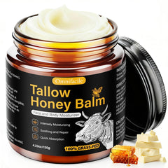 Omnifacile beef tallow honey balm jar closeup shows rich hydration for dry skin.