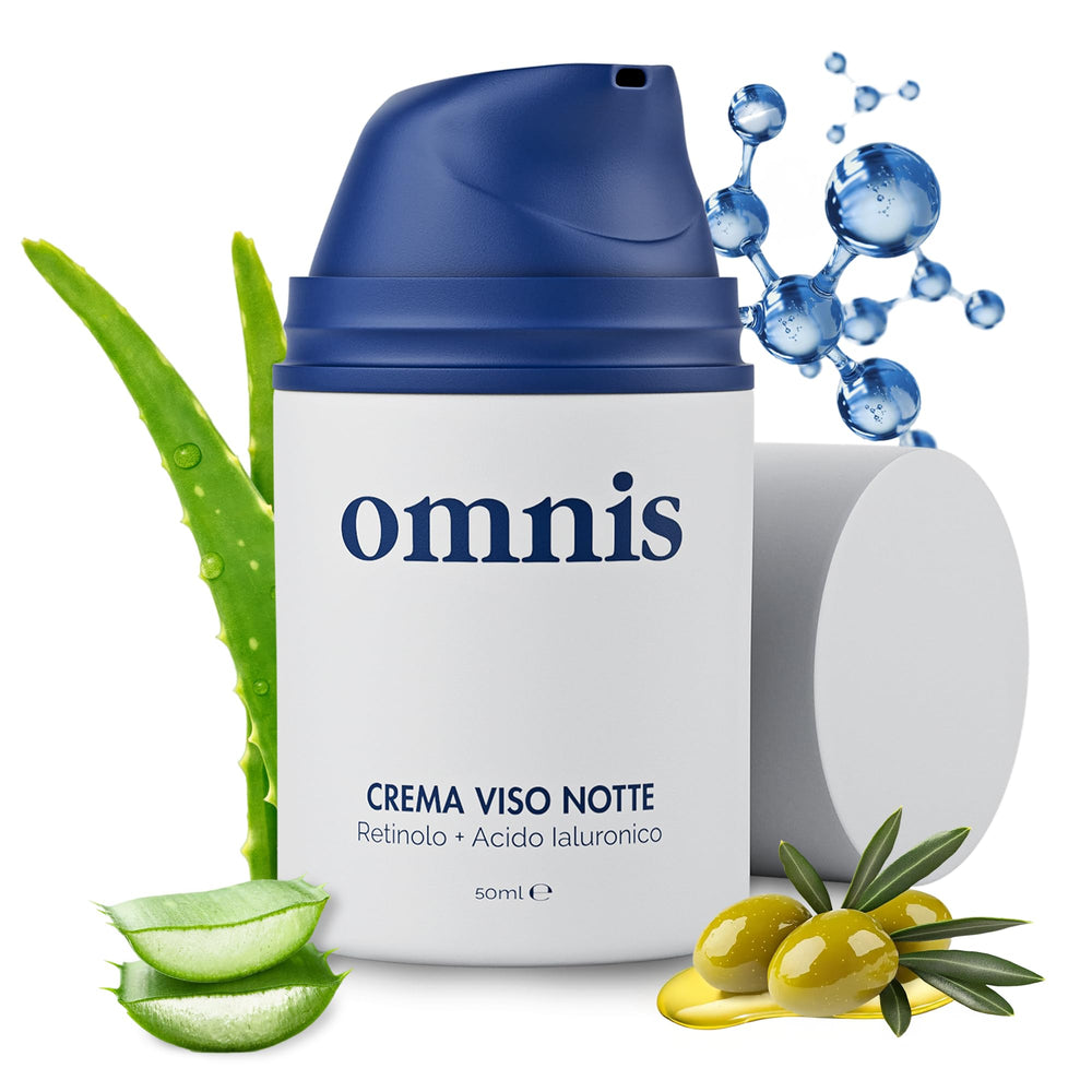 Omnis Uomo face cream bottle close-up showing retinol for anti-aging care.