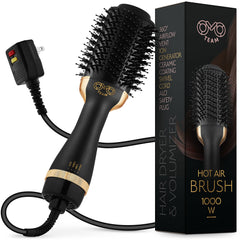 OMOteam Professional blowout brush front view demonstrates quick styling with a sleek black-gold finish