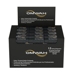 OMWAH neck strips on table ready for use, offering comfortable single-use sanitation