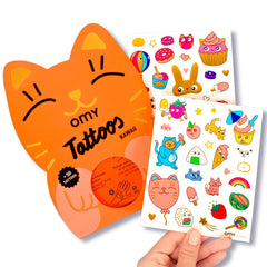 Omy Kawaii temporary tattoos 50-designs pack shows vibrant kid-friendly options.
