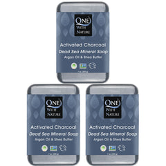 One With Nature Activated Charcoal Soap bar close-up showing detoxifying action for clearer skin.