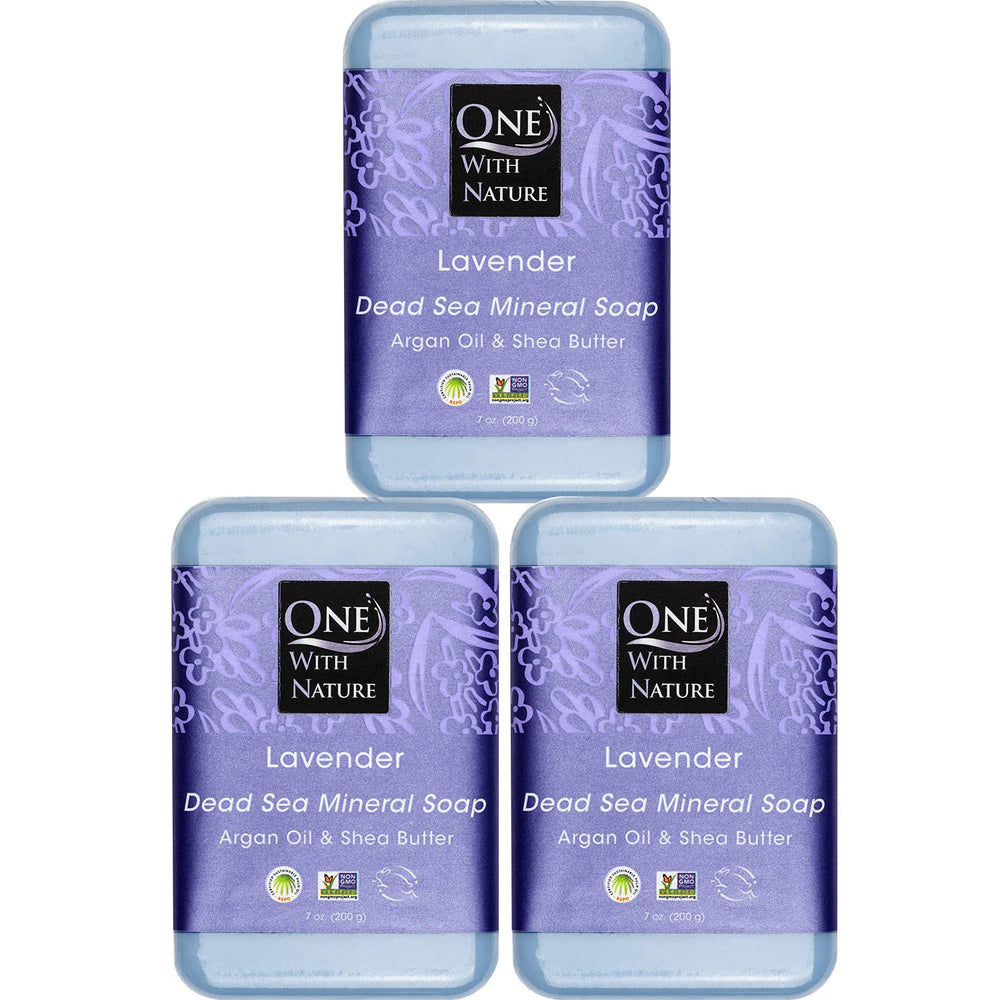 One With Nature Dead Sea Salt Lavender Soap 3-Pack packaging closeup, eco packaging.