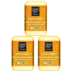 One With Nature Dead Sea Salt Lemon Sage soap 3-pack packaging highlights natural minerals for purifying cleansing