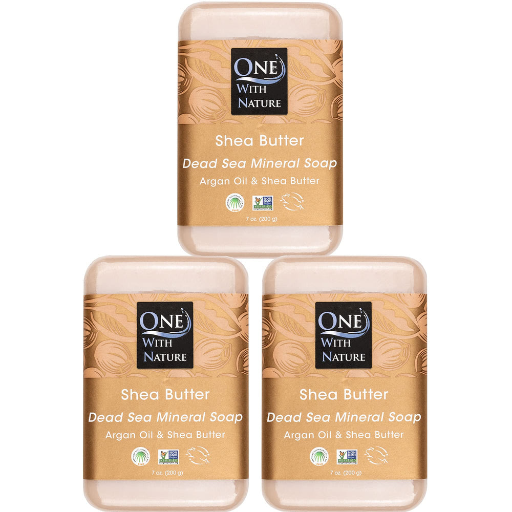 One With Nature Dead Sea Salt Shea Butter Soap 3-pack box – eco-friendly packaging for daily cleansing.